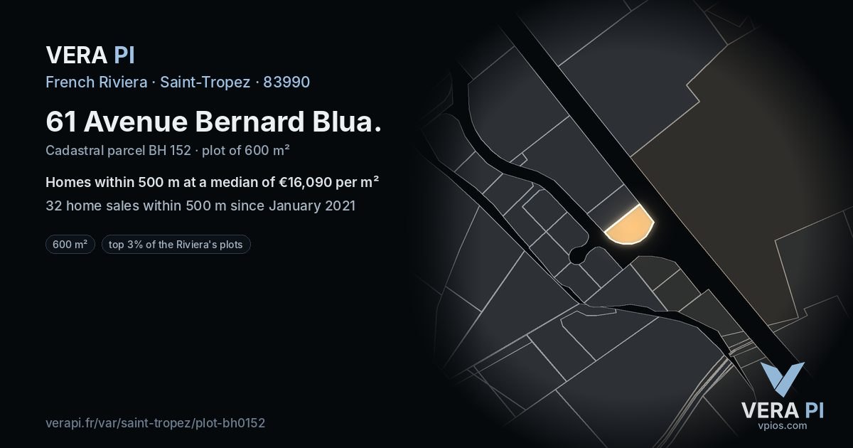 61 Avenue Bernard Blua, Saint-Tropez at night – the plot lit, the parcels around coloured by the prices near them