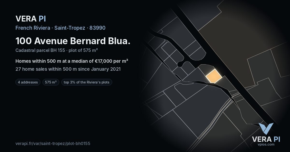100 Avenue Bernard Blua, Saint-Tropez at night – the plot lit, the parcels around coloured by the prices near them