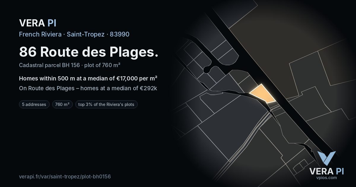 86 Route des Plages, Saint-Tropez at night – the plot lit, the parcels around coloured by the prices near them