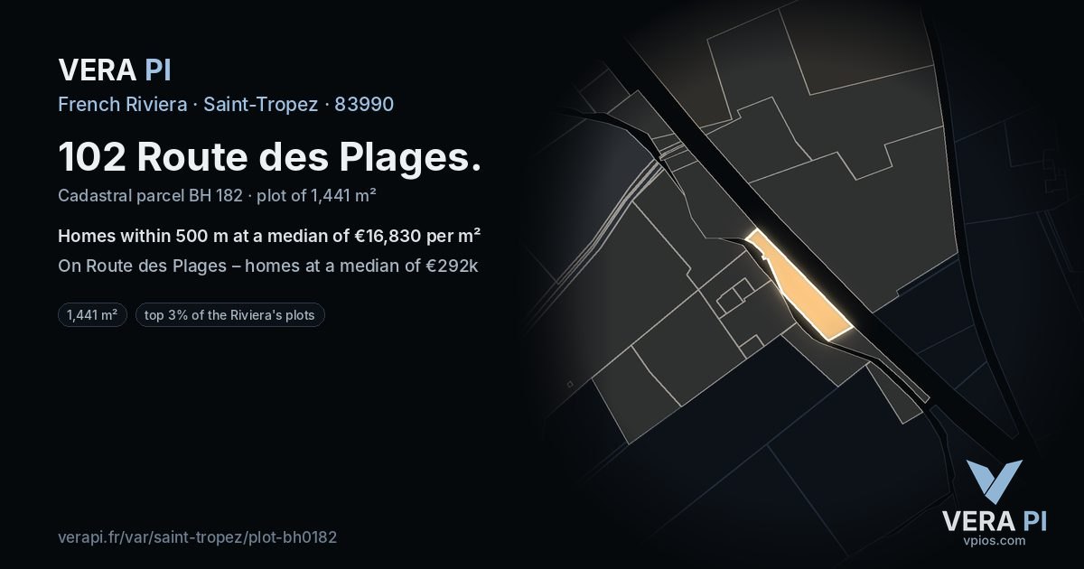 102 Route des Plages, Saint-Tropez at night – the plot lit, the parcels around coloured by the prices near them