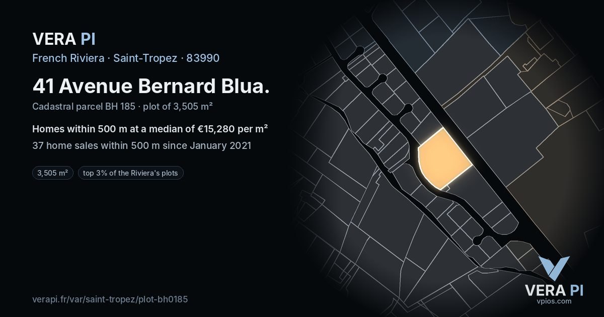 41 Avenue Bernard Blua, Saint-Tropez at night – the plot lit, the parcels around coloured by the prices near them