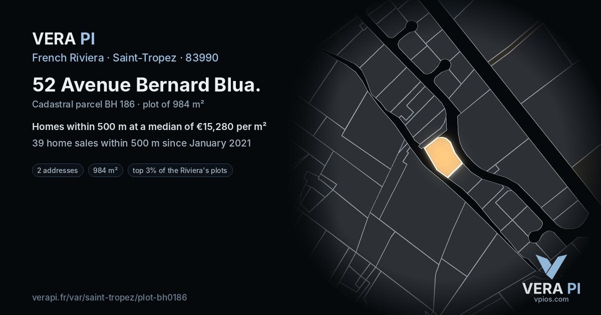52 Avenue Bernard Blua, Saint-Tropez at night – the plot lit, the parcels around coloured by the prices near them