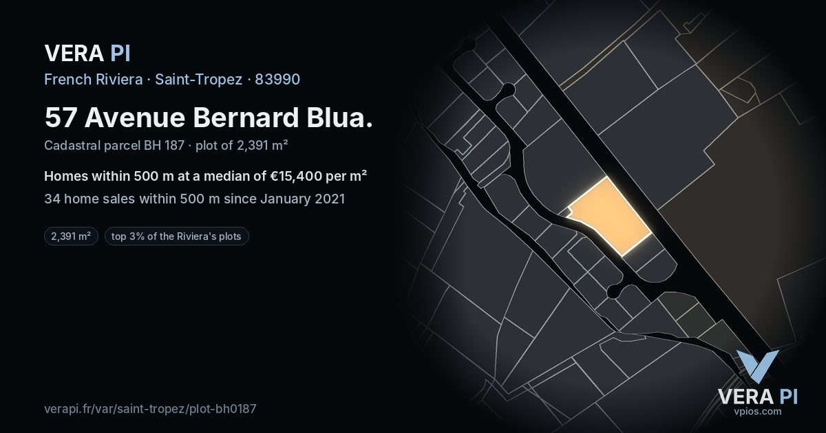 57 Avenue Bernard Blua, Saint-Tropez at night – the plot lit, the parcels around coloured by the prices near them