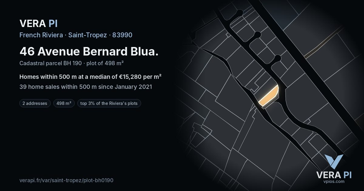 46 Avenue Bernard Blua, Saint-Tropez at night – the plot lit, the parcels around coloured by the prices near them