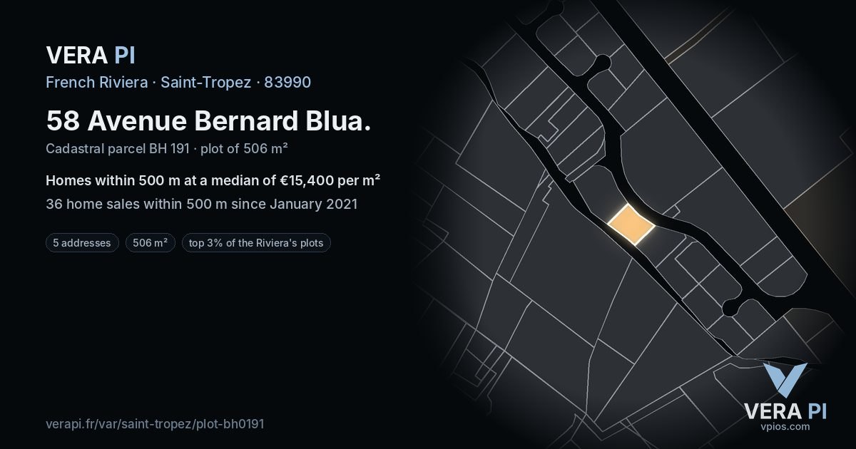 58 Avenue Bernard Blua, Saint-Tropez at night – the plot lit, the parcels around coloured by the prices near them