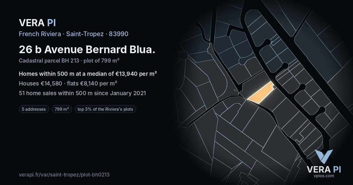 26 b Avenue Bernard Blua, Saint-Tropez at night – the plot lit, the parcels around coloured by the prices near them