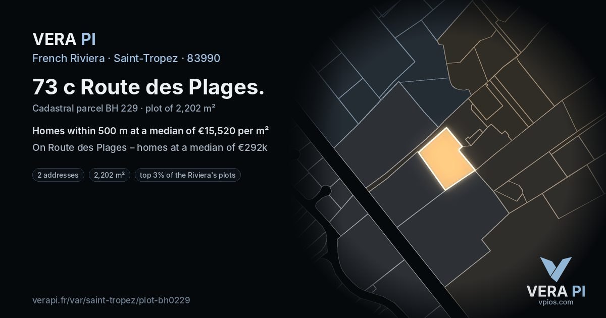 73 c Route des Plages, Saint-Tropez at night – the plot lit, the parcels around coloured by the prices near them