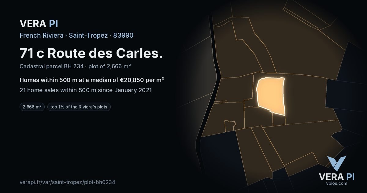 71 c Route des Carles, Saint-Tropez at night – the plot lit, the parcels around coloured by the prices near them
