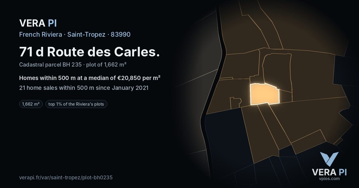 71 d Route des Carles, Saint-Tropez at night – the plot lit, the parcels around coloured by the prices near them