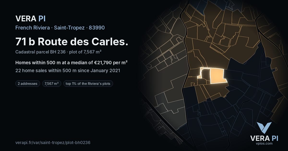 71 b Route des Carles, Saint-Tropez at night – the plot lit, the parcels around coloured by the prices near them