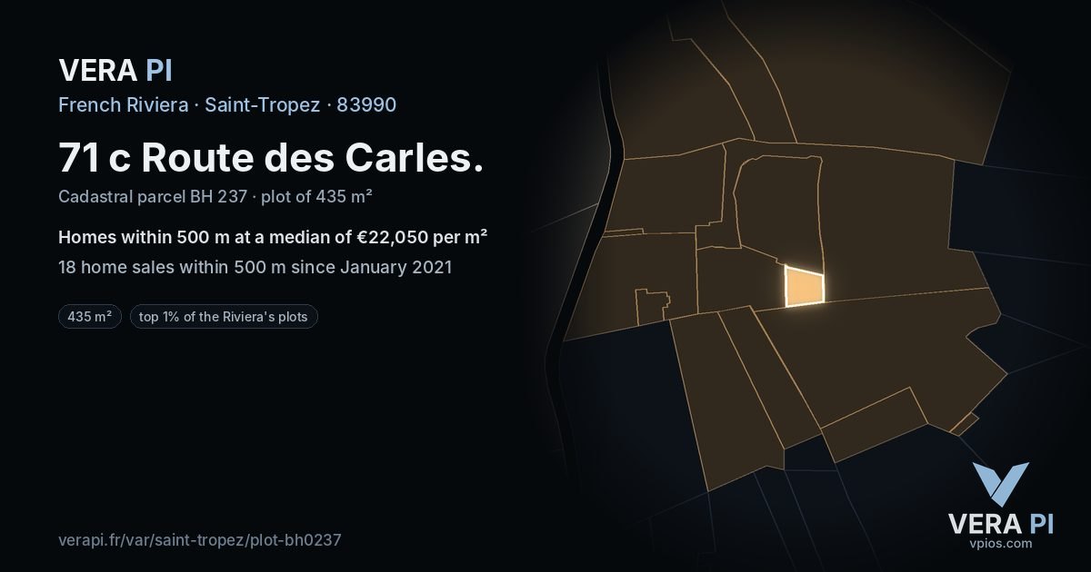 71 c Route des Carles, Saint-Tropez at night – the plot lit, the parcels around coloured by the prices near them