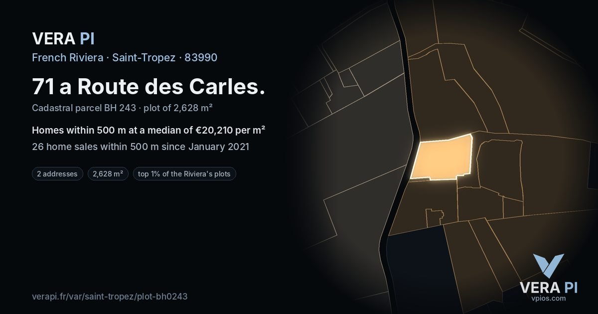 71 a Route des Carles, Saint-Tropez at night – the plot lit, the parcels around coloured by the prices near them