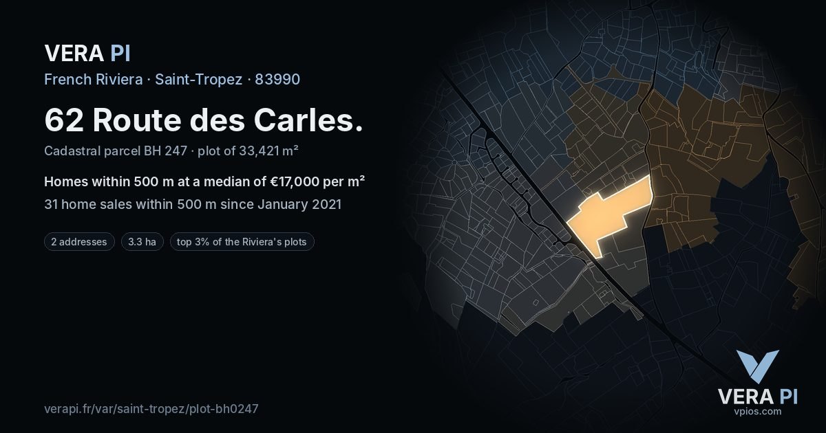 62 Route des Carles, Saint-Tropez at night – the plot lit, the parcels around coloured by the prices near them