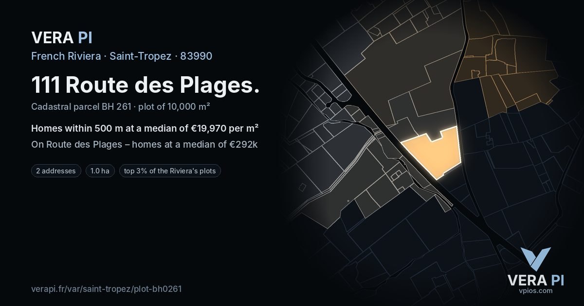 111 Route des Plages, Saint-Tropez at night – the plot lit, the parcels around coloured by the prices near them