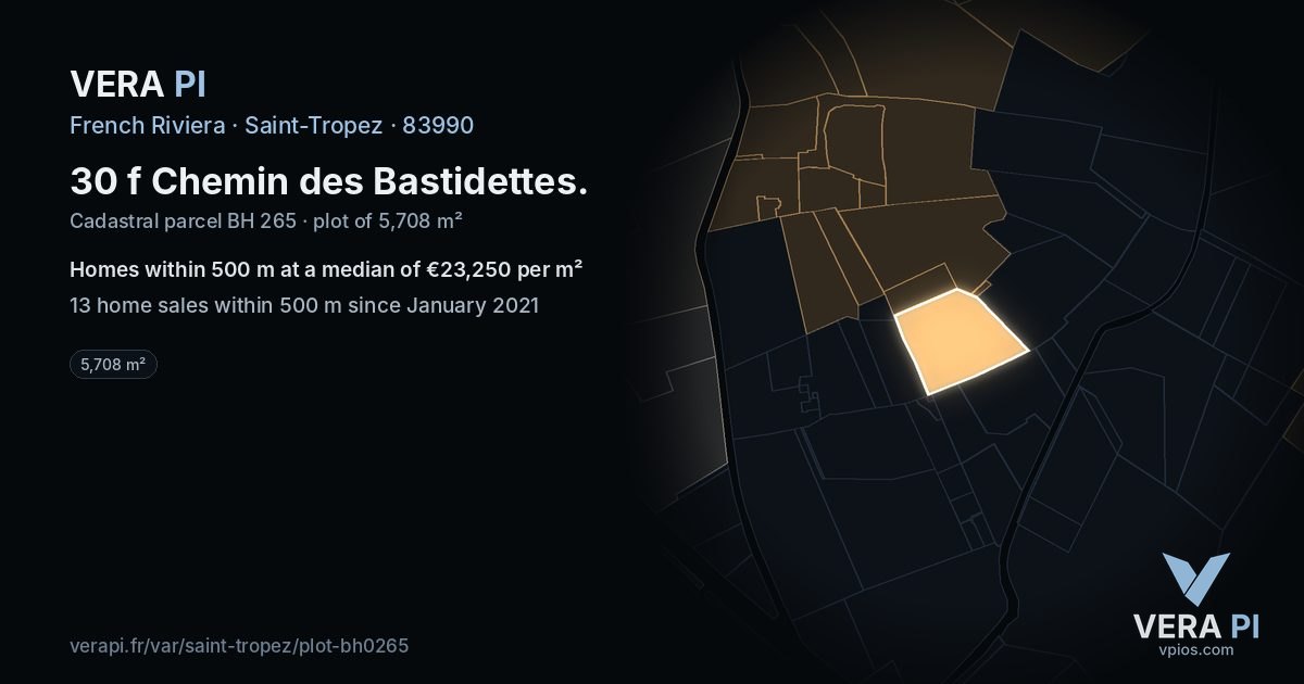 30 f Chemin des Bastidettes, Saint-Tropez at night – the plot lit, the parcels around coloured by the prices near them