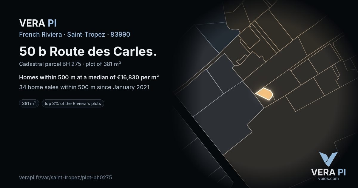 50 b Route des Carles, Saint-Tropez at night – the plot lit, the parcels around coloured by the prices near them