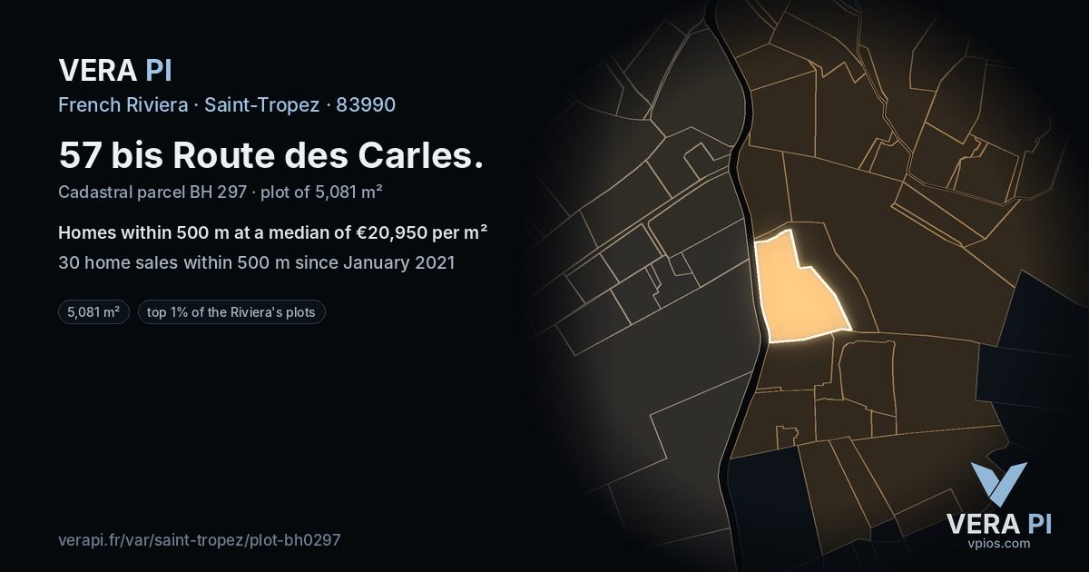 57 bis Route des Carles, Saint-Tropez at night – the plot lit, the parcels around coloured by the prices near them