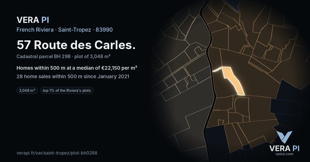 57 Route des Carles, Saint-Tropez at night – the plot lit, the parcels around coloured by the prices near them