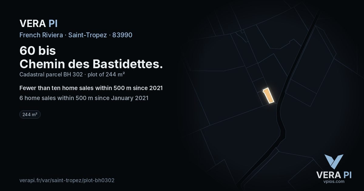 60 bis Chemin des Bastidettes, Saint-Tropez at night – the plot lit, the parcels around coloured by the prices near them
