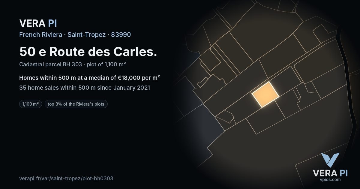 50 e Route des Carles, Saint-Tropez at night – the plot lit, the parcels around coloured by the prices near them