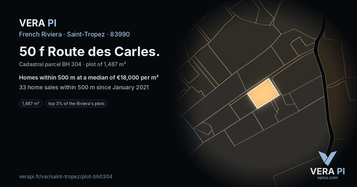 50 f Route des Carles, Saint-Tropez at night – the plot lit, the parcels around coloured by the prices near them