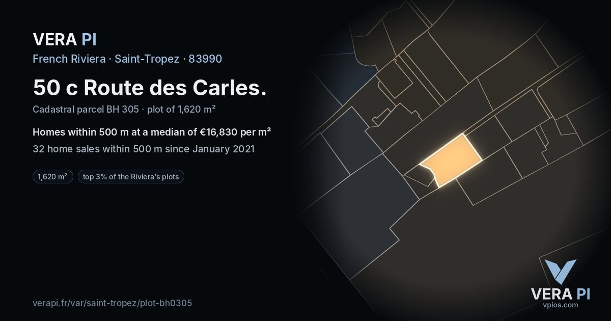 50 c Route des Carles, Saint-Tropez at night – the plot lit, the parcels around coloured by the prices near them