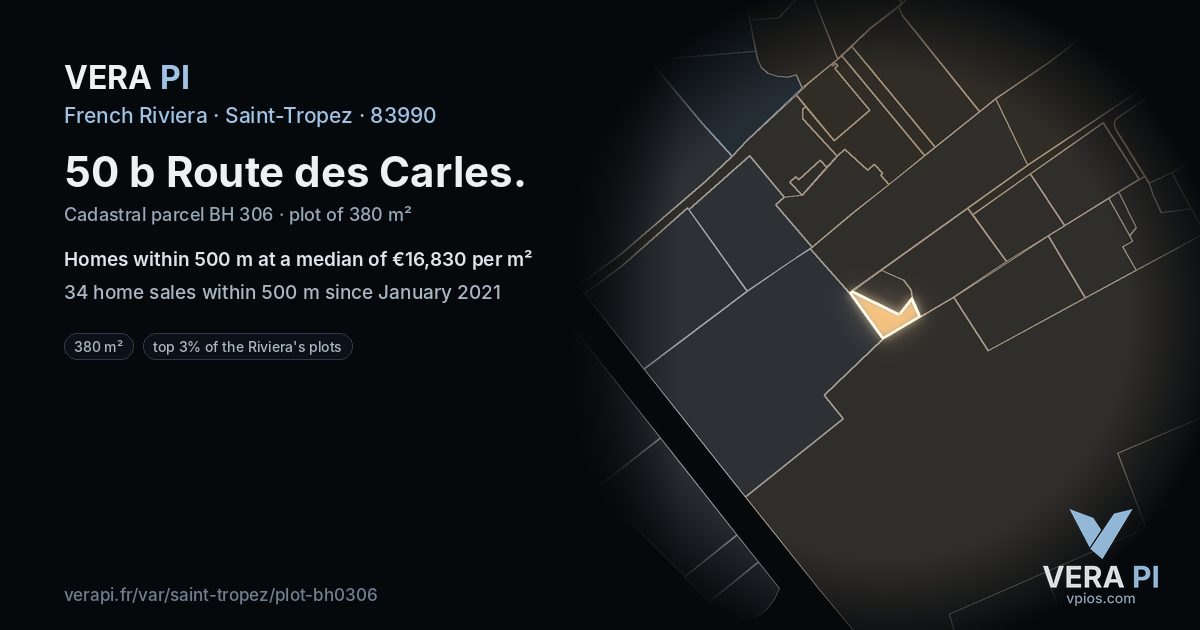 50 b Route des Carles, Saint-Tropez at night – the plot lit, the parcels around coloured by the prices near them