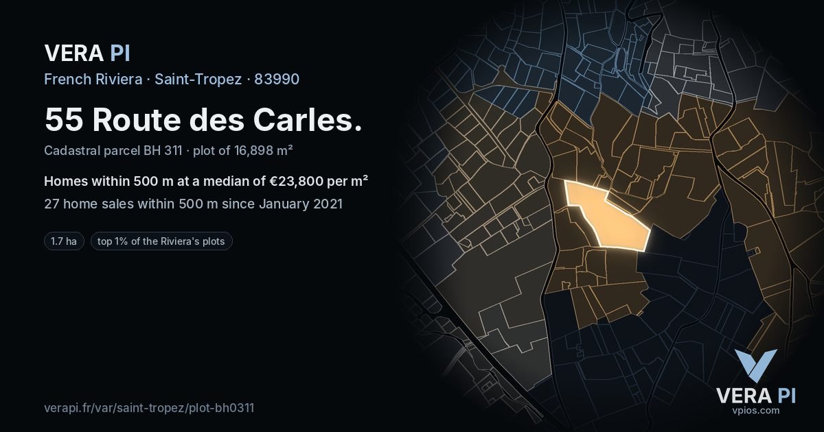 55 Route des Carles, Saint-Tropez at night – the plot lit, the parcels around coloured by the prices near them