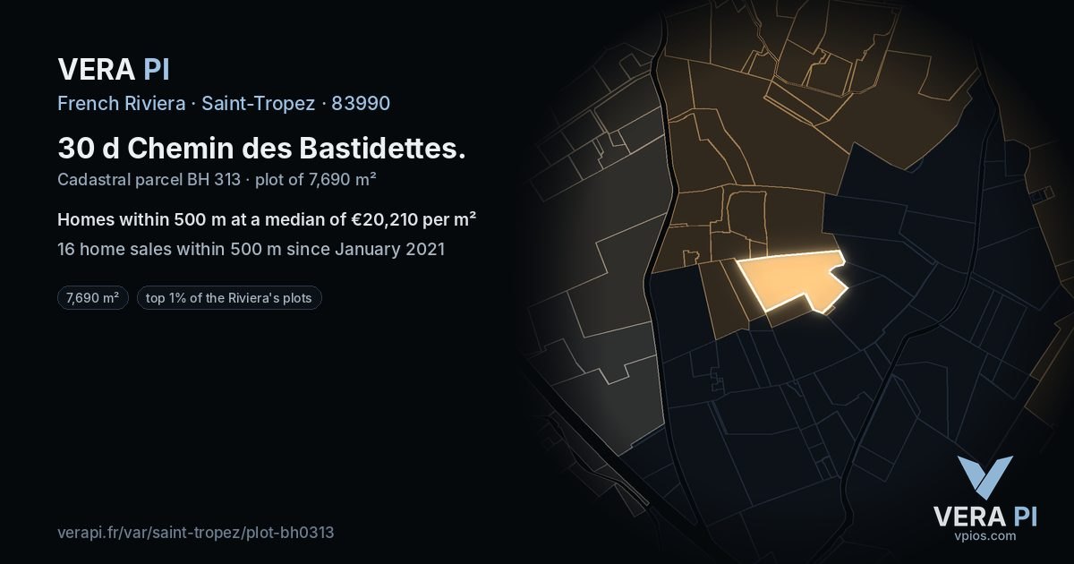 30 d Chemin des Bastidettes, Saint-Tropez at night – the plot lit, the parcels around coloured by the prices near them