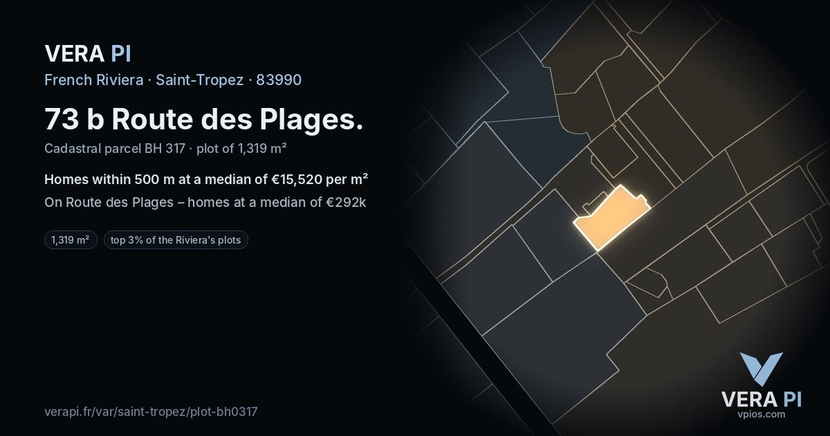 73 b Route des Plages, Saint-Tropez at night – the plot lit, the parcels around coloured by the prices near them