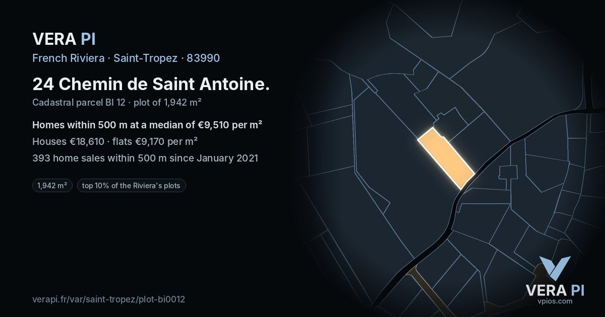 24 Chemin de Saint Antoine, Saint-Tropez at night – the plot lit, the parcels around coloured by the prices near them