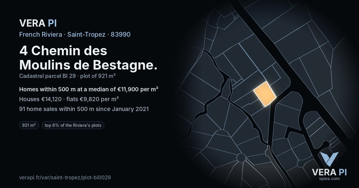 4 Chemin des Moulins de Bestagne, Saint-Tropez at night – the plot lit, the parcels around coloured by the prices near them
