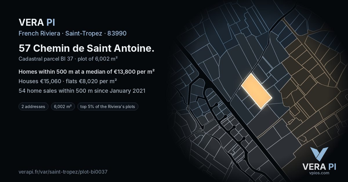 57 Chemin de Saint Antoine, Saint-Tropez at night – the plot lit, the parcels around coloured by the prices near them