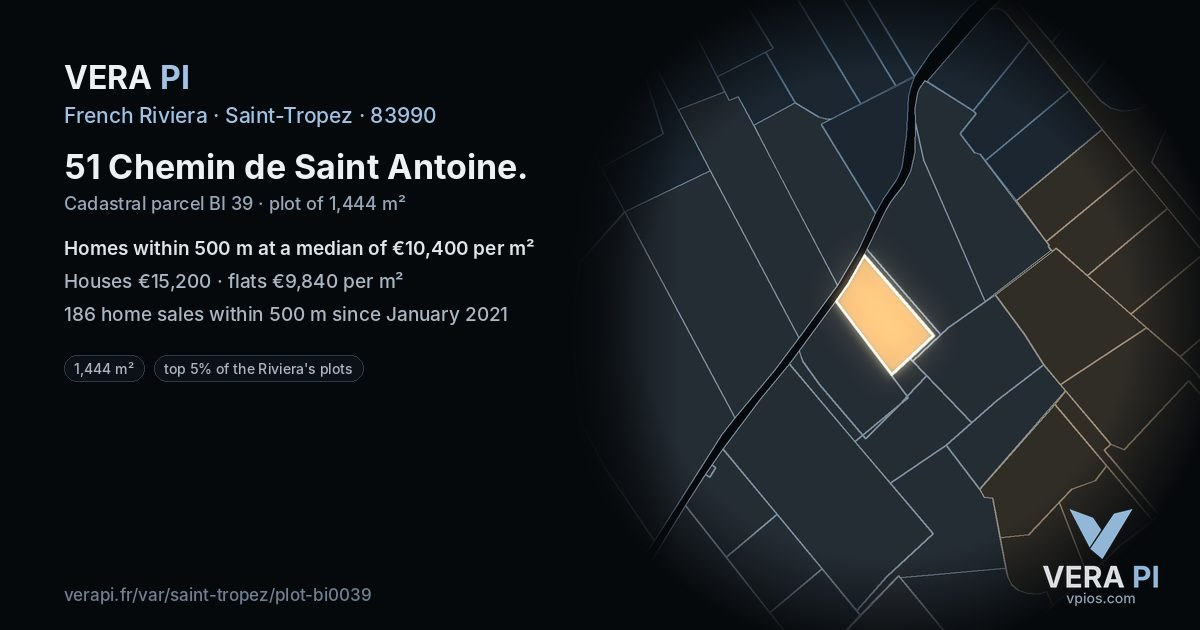 51 Chemin de Saint Antoine, Saint-Tropez at night – the plot lit, the parcels around coloured by the prices near them