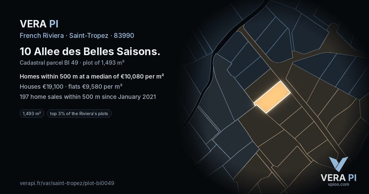 10 Allee des Belles Saisons, Saint-Tropez at night – the plot lit, the parcels around coloured by the prices near them