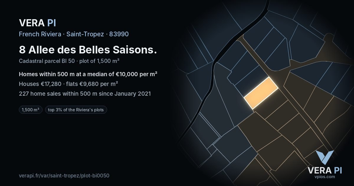 8 Allee des Belles Saisons, Saint-Tropez at night – the plot lit, the parcels around coloured by the prices near them