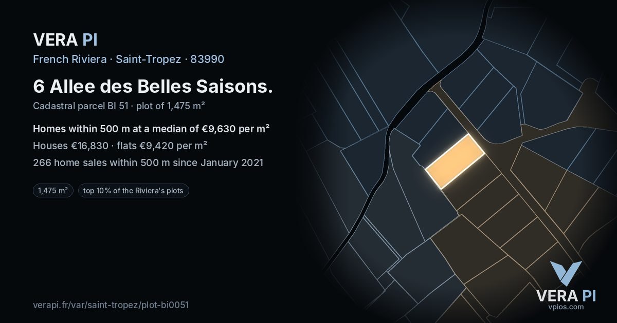 6 Allee des Belles Saisons, Saint-Tropez at night – the plot lit, the parcels around coloured by the prices near them