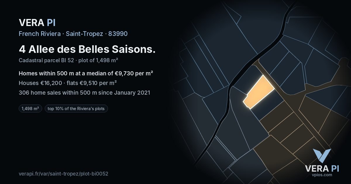 4 Allee des Belles Saisons, Saint-Tropez at night – the plot lit, the parcels around coloured by the prices near them