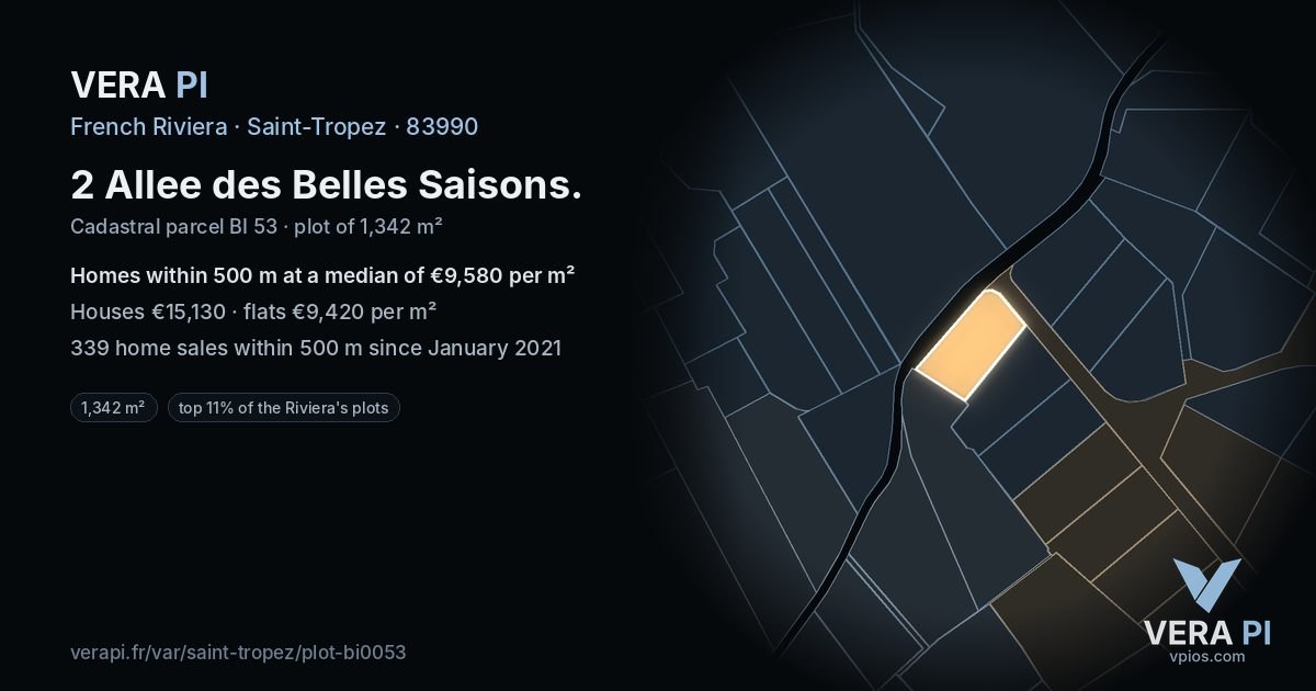2 Allee des Belles Saisons, Saint-Tropez at night – the plot lit, the parcels around coloured by the prices near them