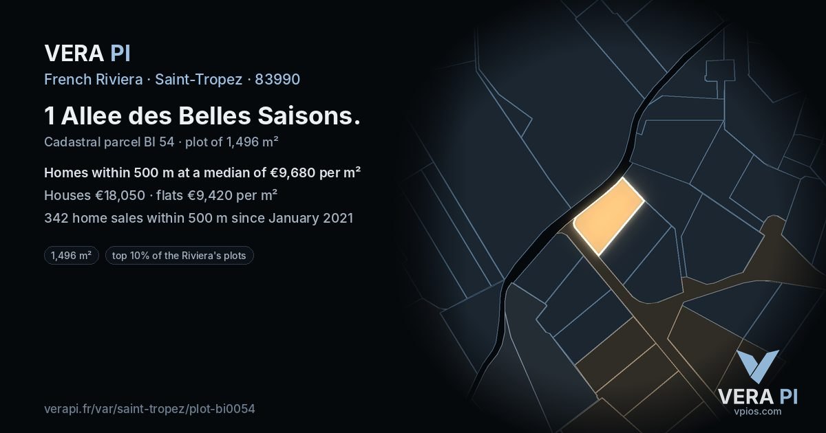 1 Allee des Belles Saisons, Saint-Tropez at night – the plot lit, the parcels around coloured by the prices near them
