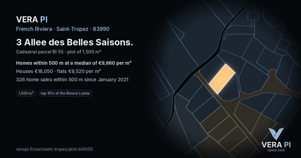 3 Allee des Belles Saisons, Saint-Tropez at night – the plot lit, the parcels around coloured by the prices near them