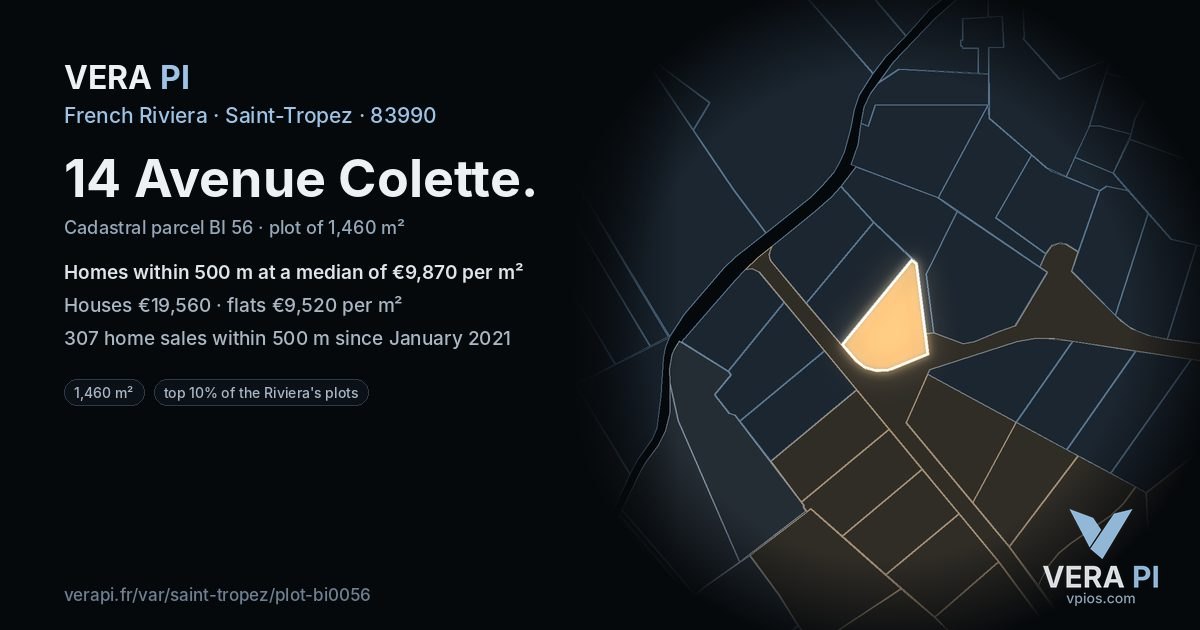 14 Avenue Colette, Saint-Tropez at night – the plot lit, the parcels around coloured by the prices near them