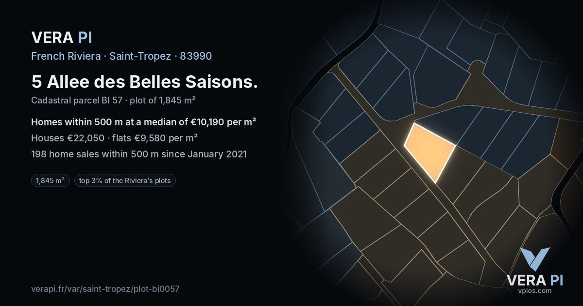 5 Allee des Belles Saisons, Saint-Tropez at night – the plot lit, the parcels around coloured by the prices near them