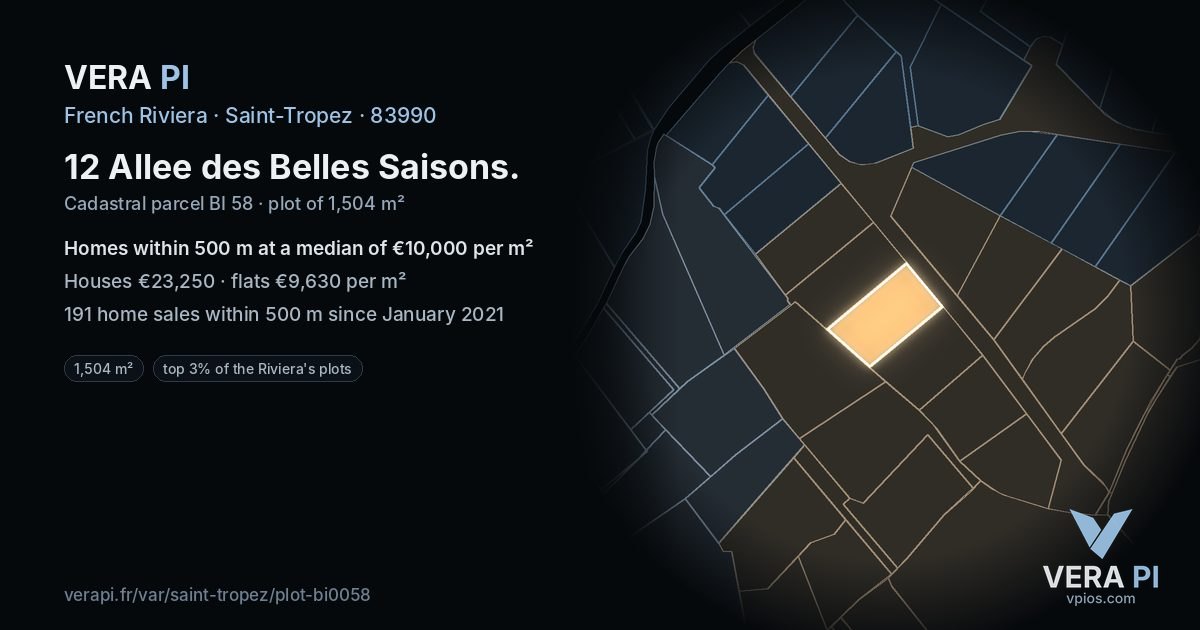 12 Allee des Belles Saisons, Saint-Tropez at night – the plot lit, the parcels around coloured by the prices near them