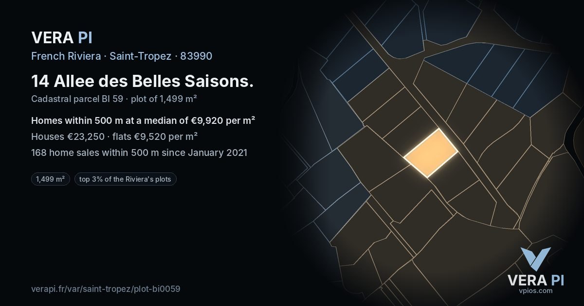 14 Allee des Belles Saisons, Saint-Tropez at night – the plot lit, the parcels around coloured by the prices near them