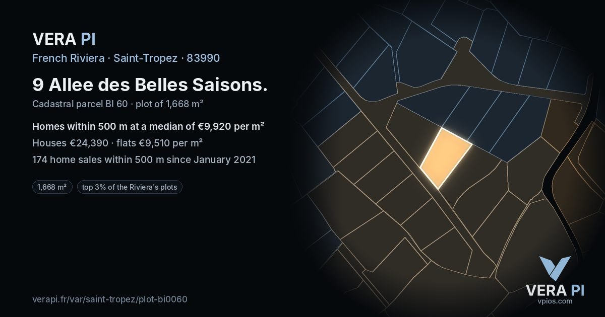 9 Allee des Belles Saisons, Saint-Tropez at night – the plot lit, the parcels around coloured by the prices near them