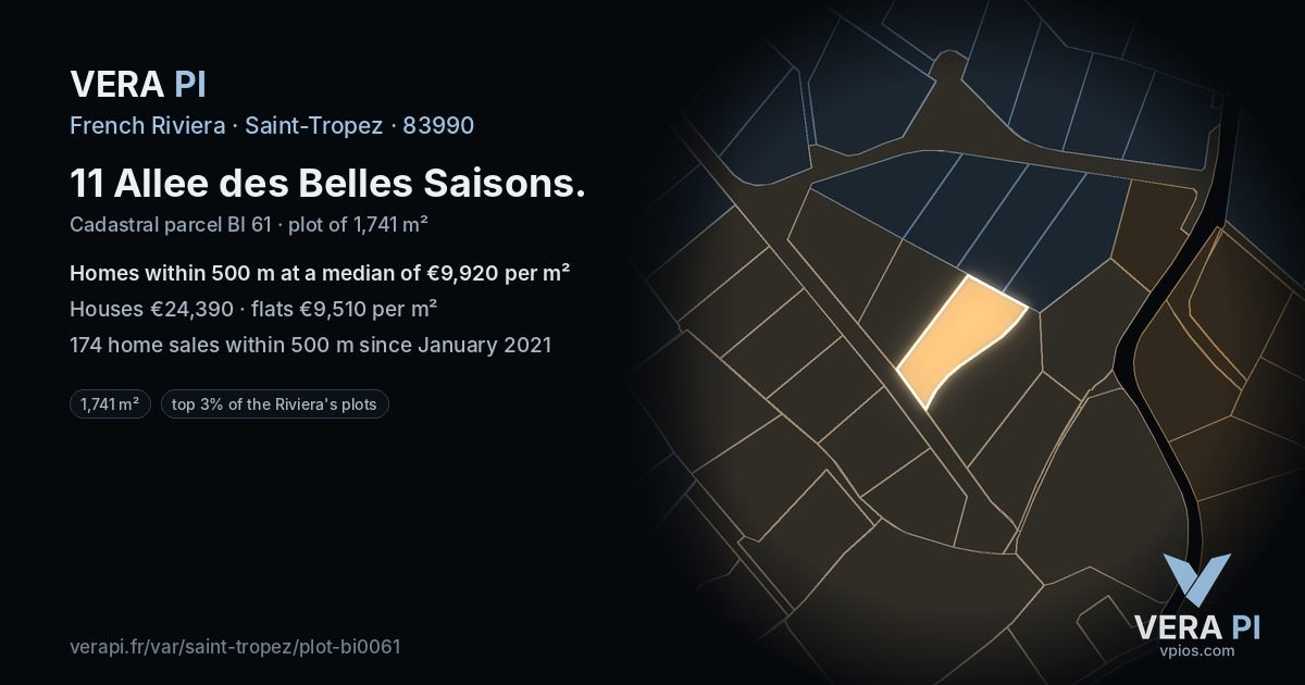 11 Allee des Belles Saisons, Saint-Tropez at night – the plot lit, the parcels around coloured by the prices near them