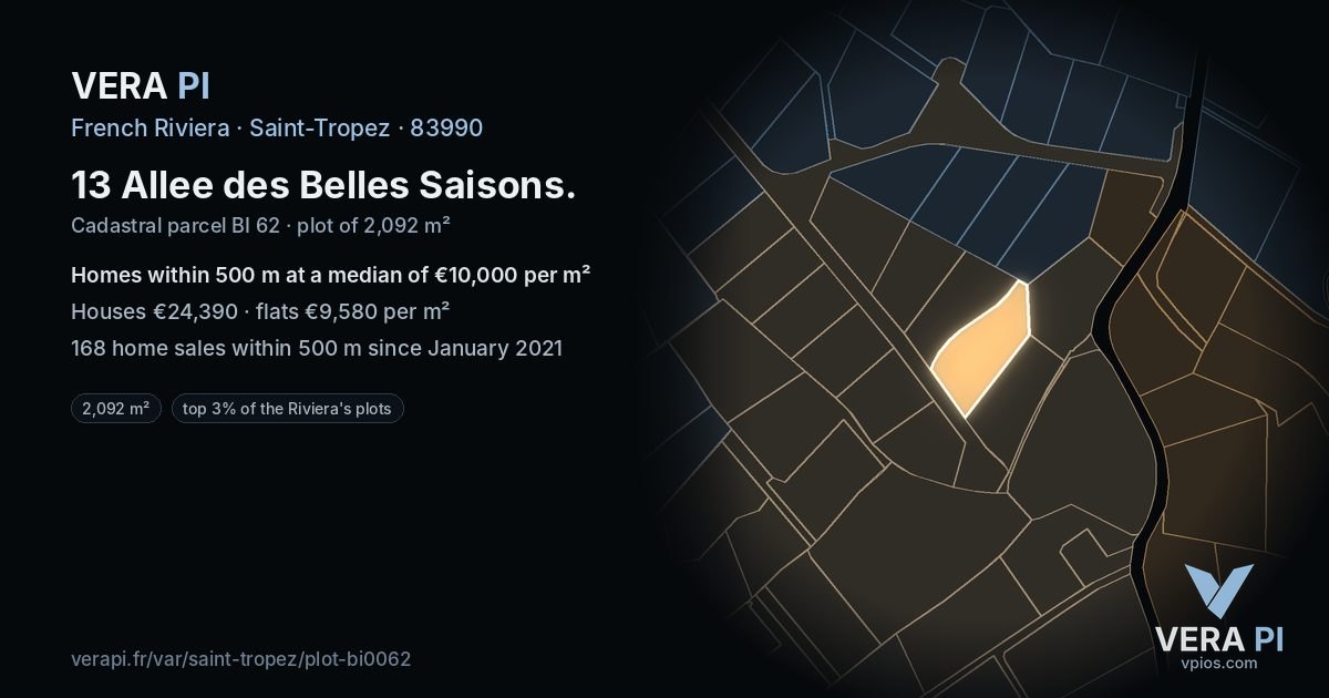 13 Allee des Belles Saisons, Saint-Tropez at night – the plot lit, the parcels around coloured by the prices near them