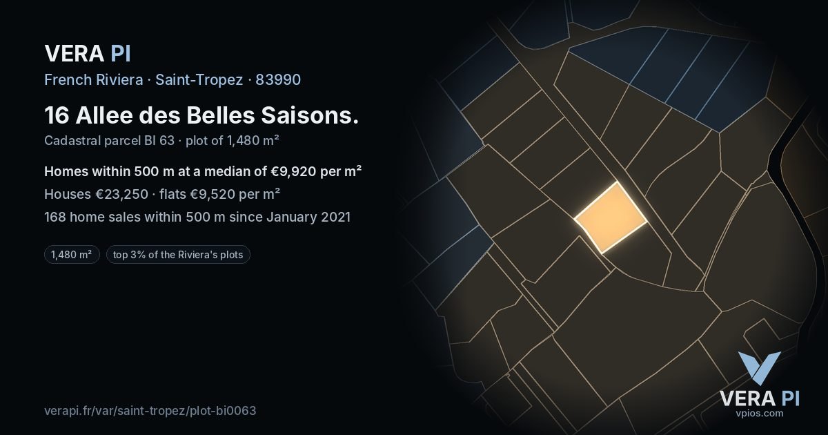 16 Allee des Belles Saisons, Saint-Tropez at night – the plot lit, the parcels around coloured by the prices near them