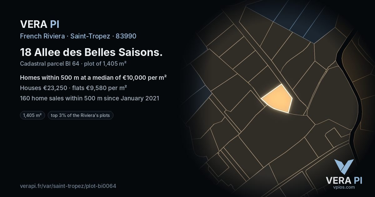 18 Allee des Belles Saisons, Saint-Tropez at night – the plot lit, the parcels around coloured by the prices near them